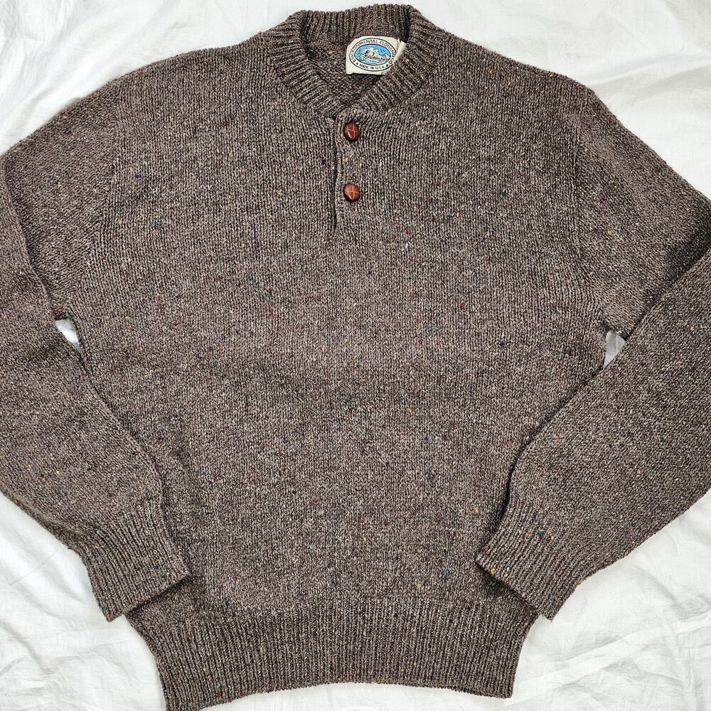 Men's VTG wool brown tweed henley Sweater grandpa academia preppy classic L